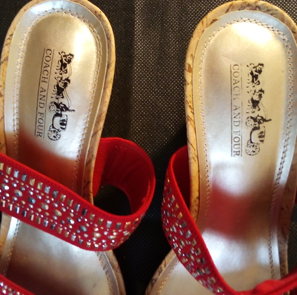 Coach And Four -NWT Cork Wedge Sandals, Two Red Fabric Straps Accented With Gold - Picture 9 of 10